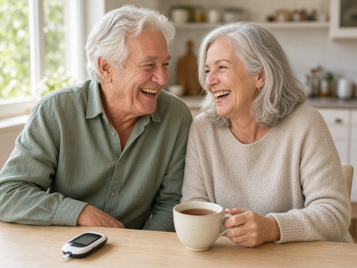 A smiling older couple laughing together at a sunny kitchen table with a cup of tea and a glucose meter